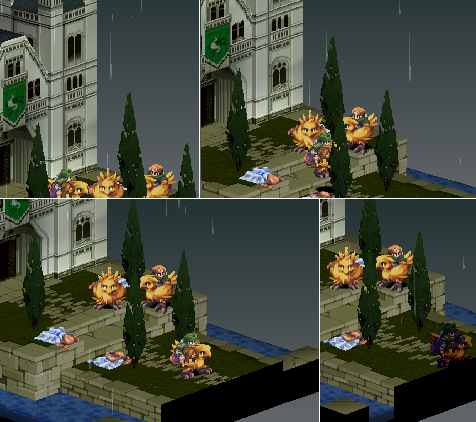 [3 Hokuten Knights are lying on the ground in front of the castle.
Thief holding Teta rides away on the Chocobo.
Death Corps Knight is on the Chocobo next to the 2nd Chocobo.]