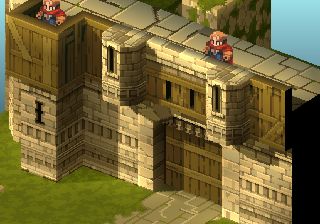 [Отряд Рамзы прибывает к воротам замка. 2 рыцаря стоят на страже на высокой стене.]
