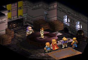 [One of Castle's rooms. Agrias, Ovelia, Ramza & Mustadio are standing in front of Cardinal.]