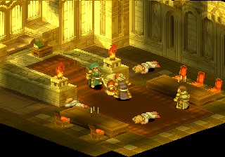 [Inside of Temple. Bodies of priests are lying prone.
Rofel with a sword in his hand is behind Funeral.
Young mage, Kletian is standing at the door.
Vormav is right in front of Funeral. His
sword is looking out of Funeral's back.]