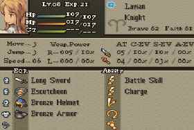 Lavian, Knight Lv.8
Iron Sword
Escutcheon
Bronze Helmet
Bronze Armor