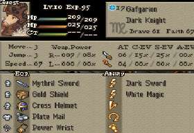 Gafgarion, Dark Knight Lv.10
Mythril Sword
Gold Shield *
Cross Helmet *
Plate Mail *
Power Wrist