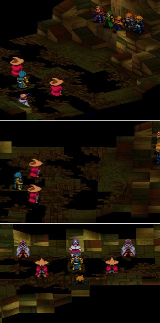 [Rofel, 2 Wizards, 2 Summoners & Time Mage are standing
on the 'islands', parts of the floor surrounded by gaps.]