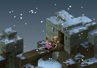 [It's snowing. Golagros and Teta are standing on the bridge near the fort's door.]