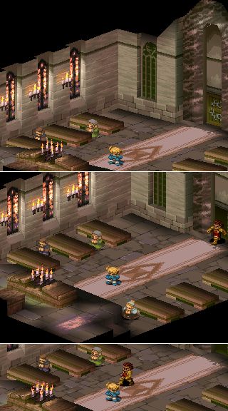 [Church outside the town. 2 women and a man are praying. Ramza is staying
on knees in front of the altar. Delita comes in and kneels beside Ramza.
Looks like they're praying, but in fact they're whispering.]