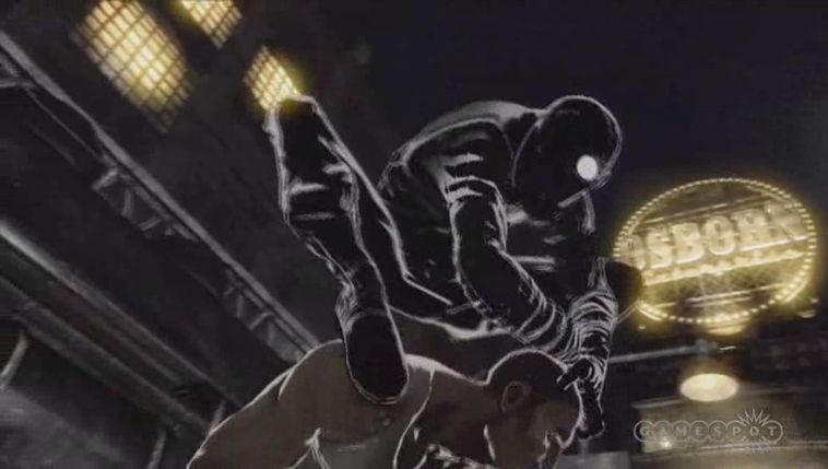 Spider-Man Noir sits on the thug